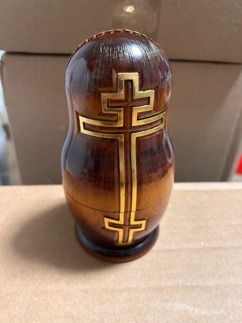 Hand-Carved Wooden Religious Matryoshka Doll in Gold and Natural Wood Tones - Picture 2 of 4